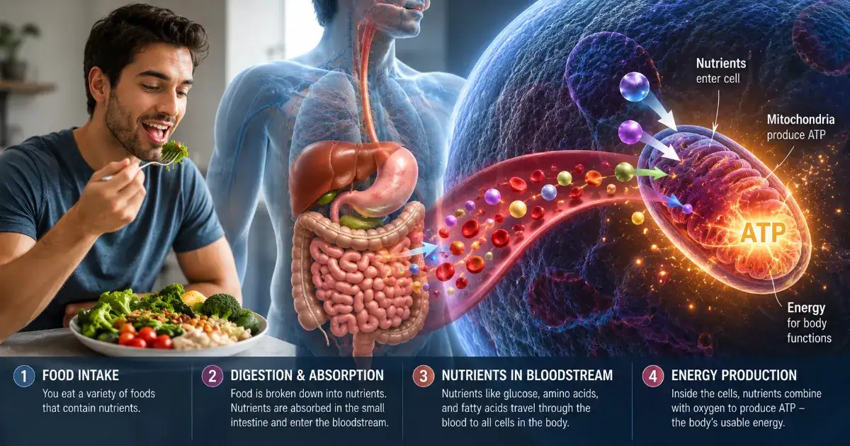 Food digestion, nutrient absorption, and ATP production inside human body cells generate energy