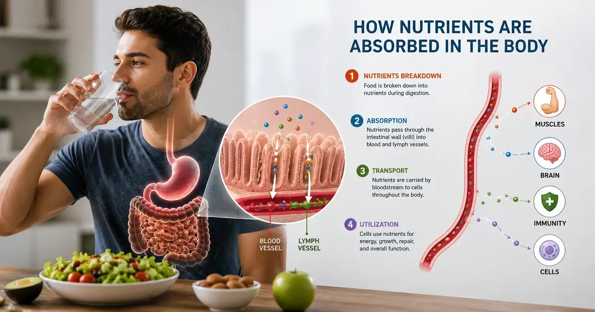 Nutrient absorption illustration showing digestion and nutrient transport in the body