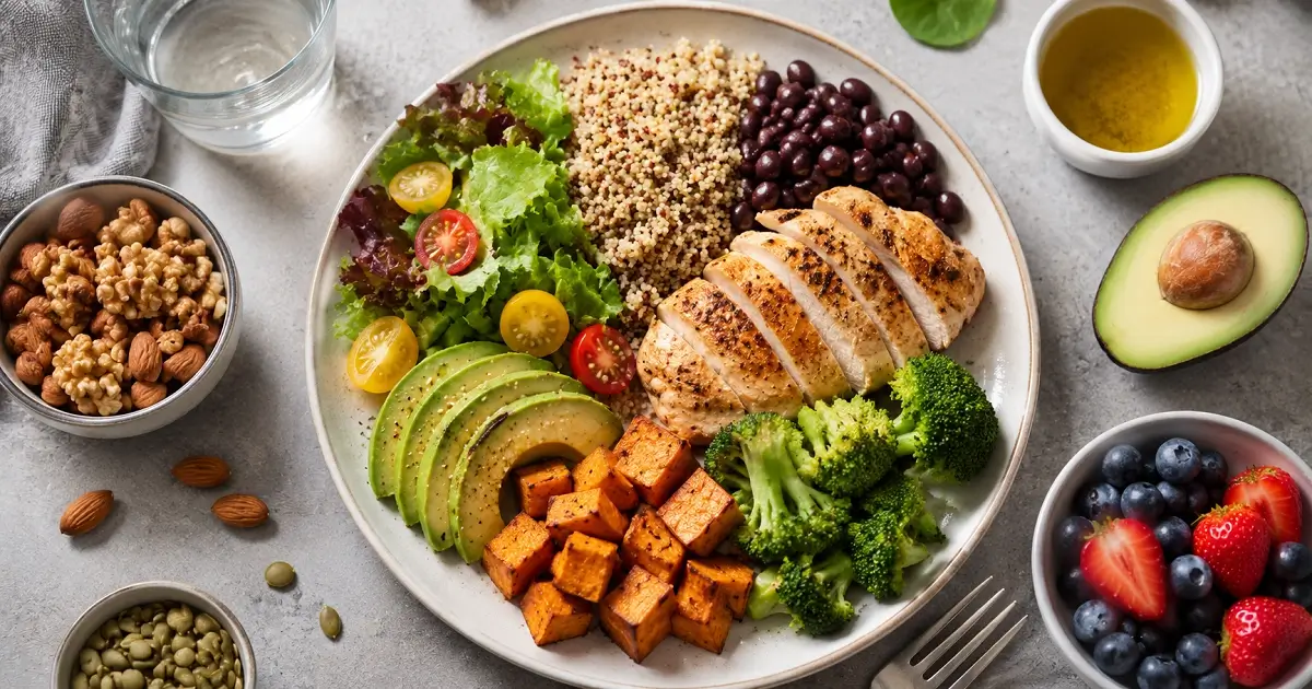 Balanced meal with proteins, healthy fats, vegetables, grains, nuts, and fruits