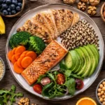 Balanced meal showing carbohydrates, proteins, healthy fats, grains, vegetables, and fruits