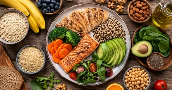 Balanced meal showing carbohydrates, proteins, healthy fats, grains, vegetables, and fruits