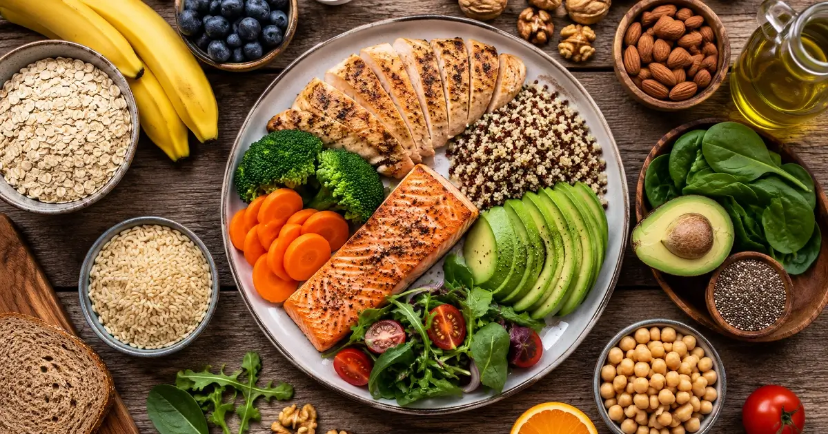 Balanced meal showing carbohydrates, proteins, healthy fats, grains, vegetables, and fruits