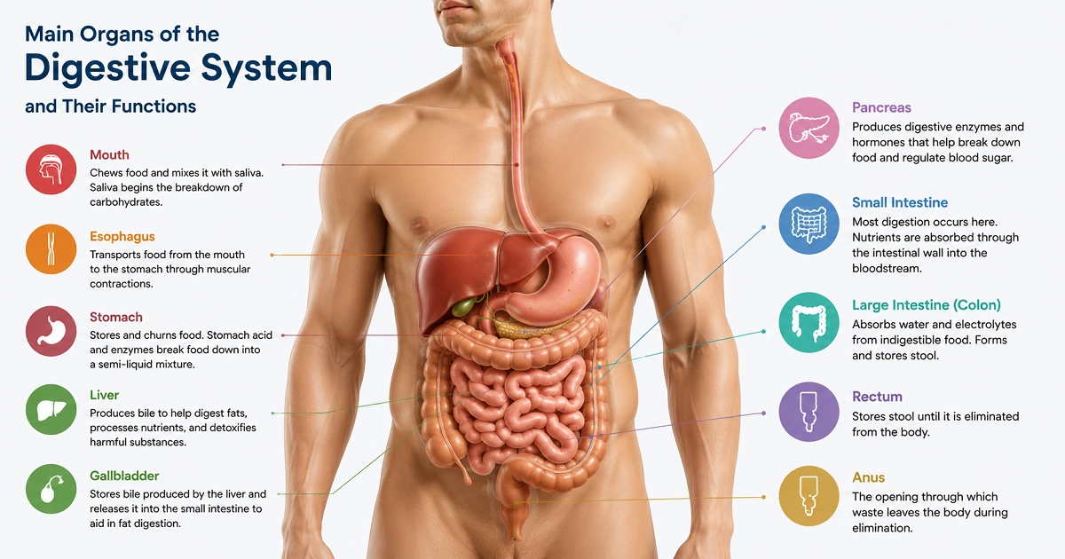 Human digestive system showing major organs and their functions in food digestion and absorption