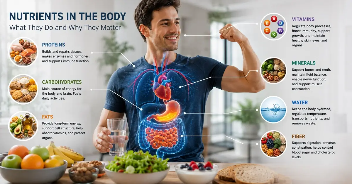 Man with body nutrient infographic showing proteins, fats, vitamins, minerals, and water