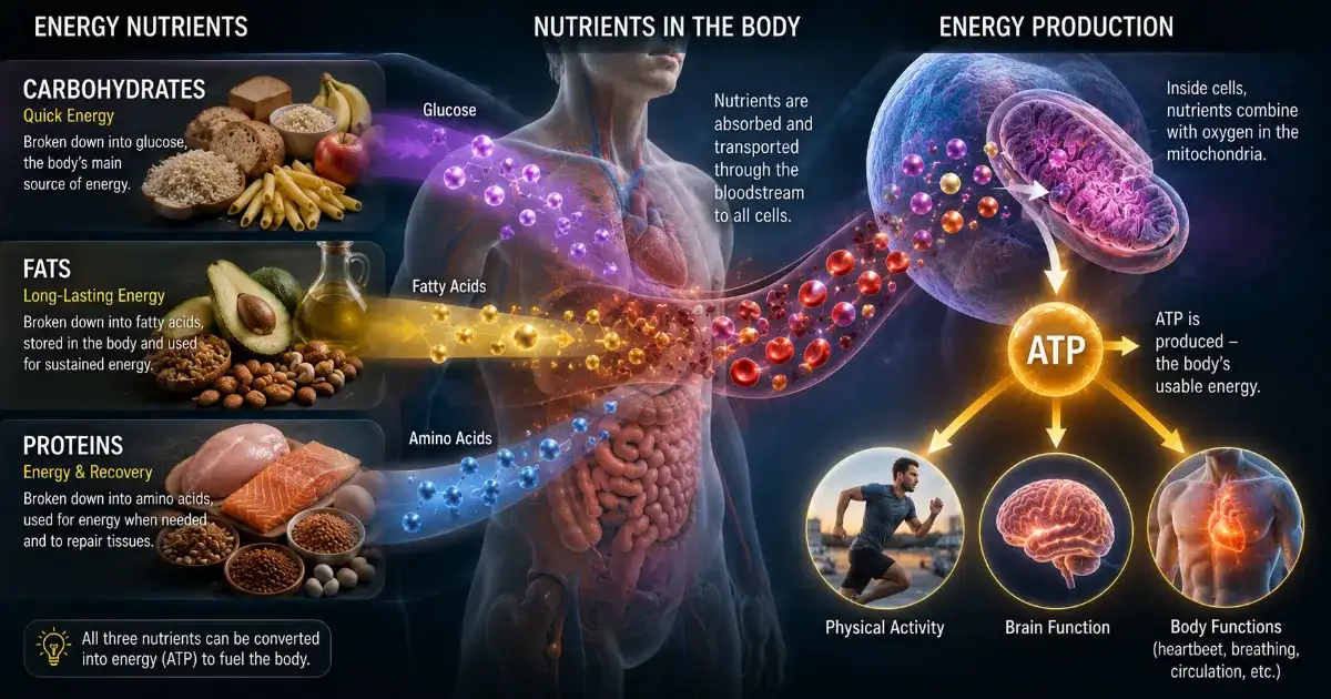 Carbohydrates, fats, and proteins convert into ATP energy inside human body cells