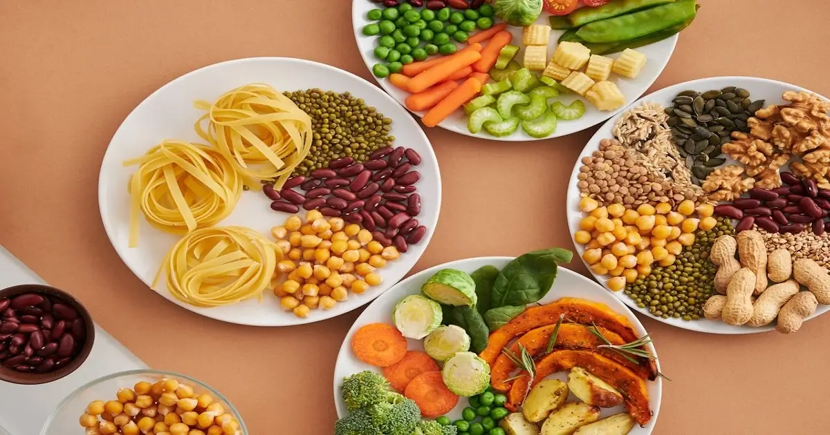 Carbohydrate foods including pasta, legumes, grains, vegetables, and fiber-rich foods