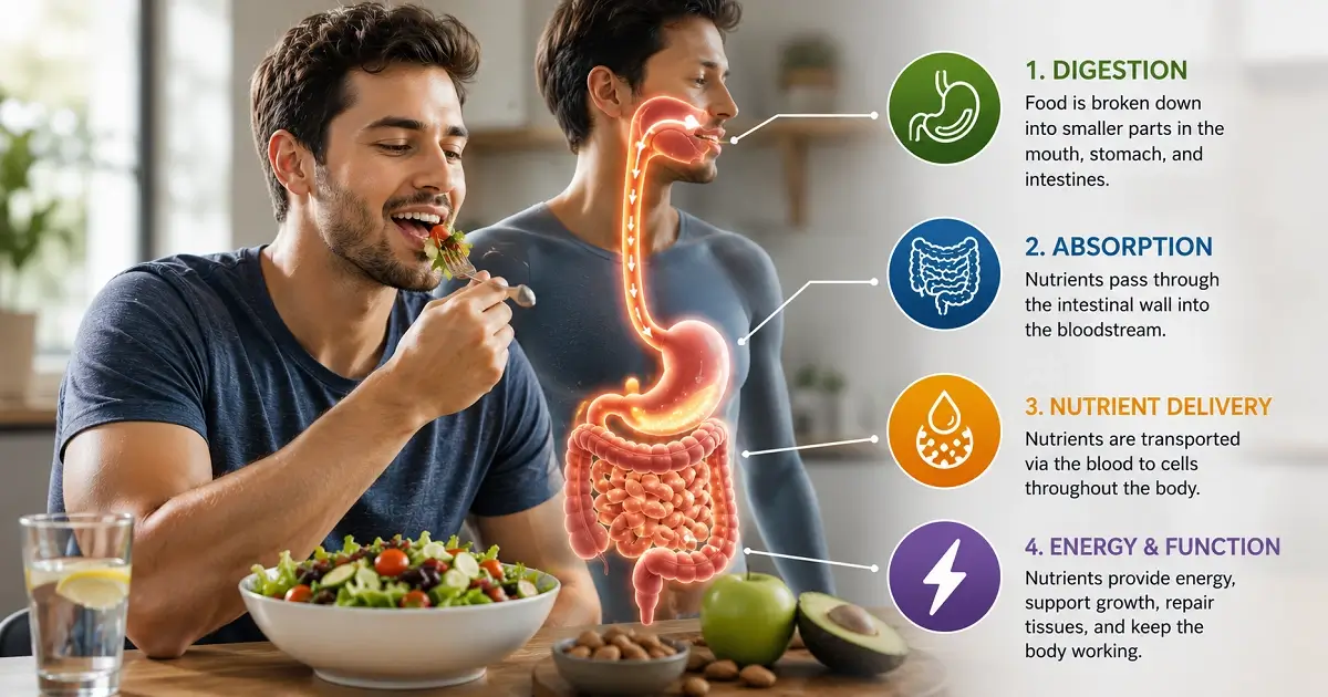 Man eating healthy food with digestion, nutrient absorption, and energy process illustration