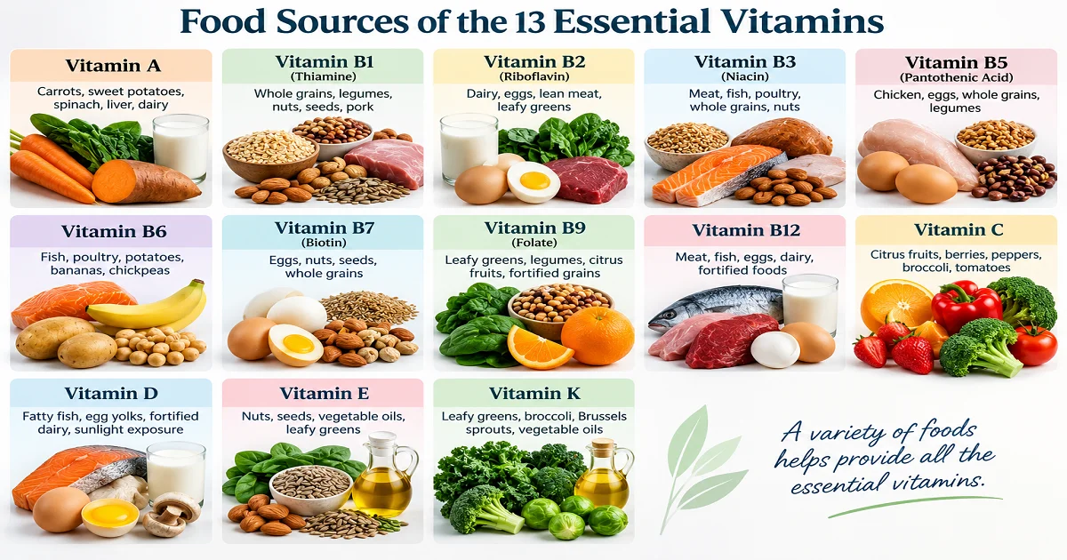 Foods that provide the 13 essential vitamins, including fruits, vegetables, grains, and fish