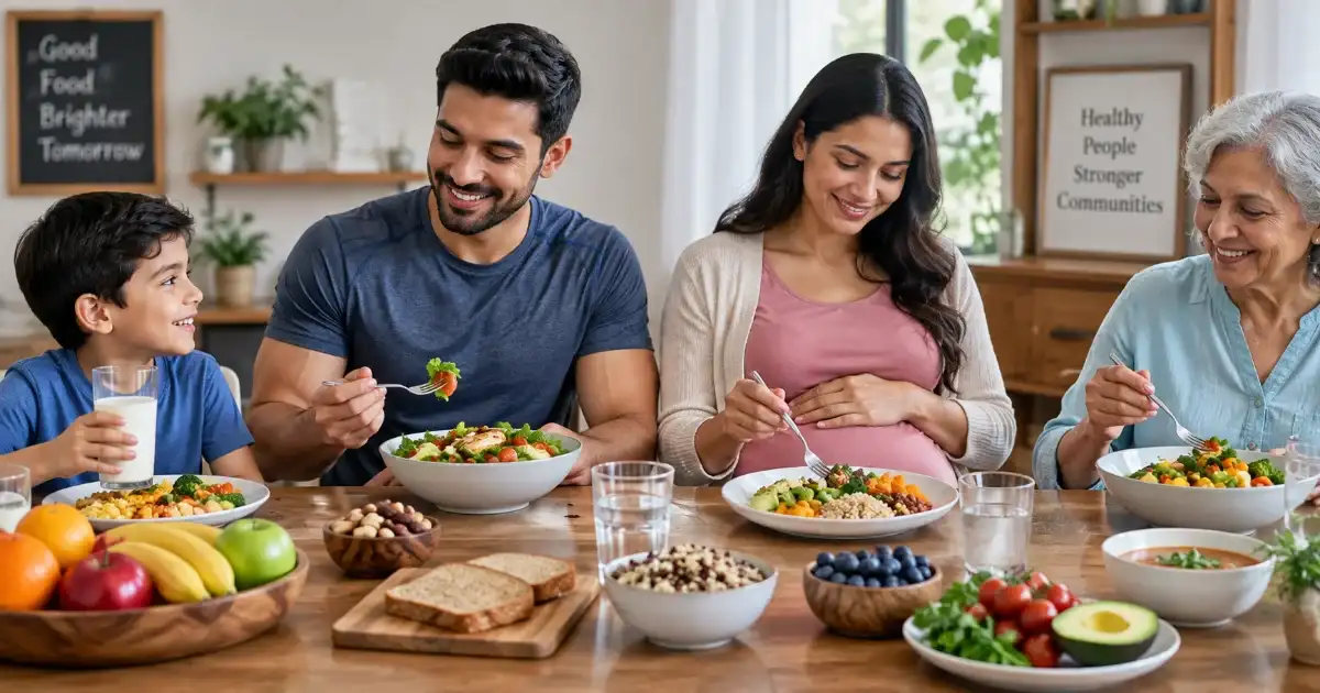 Family members eating nutritious foods with different nutritional needs