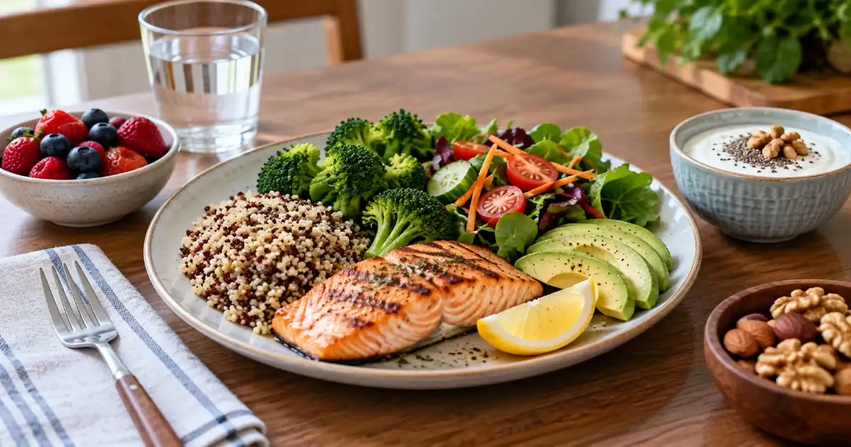 Balanced meal with salmon, quinoa, vegetables, avocado, berries, yogurt, and nuts