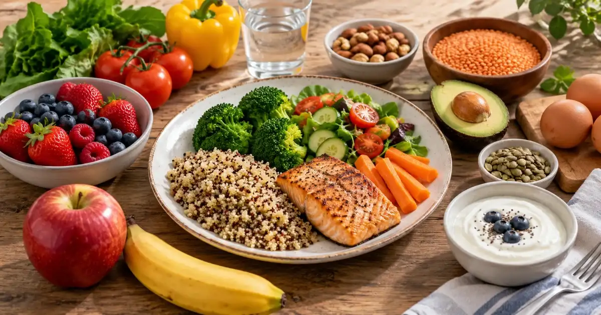 Variety of nutritious foods arranged around a balanced meal