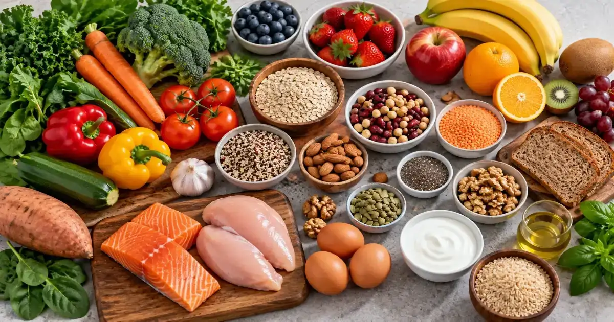 Variety of vegetables, fruits, grains, legumes, nuts, seeds, eggs, and protein foods