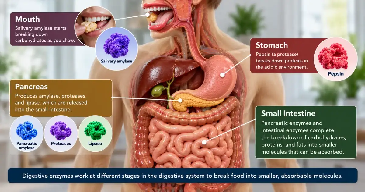 Digestive enzymes working in the mouth, stomach, pancreas, and small intestine