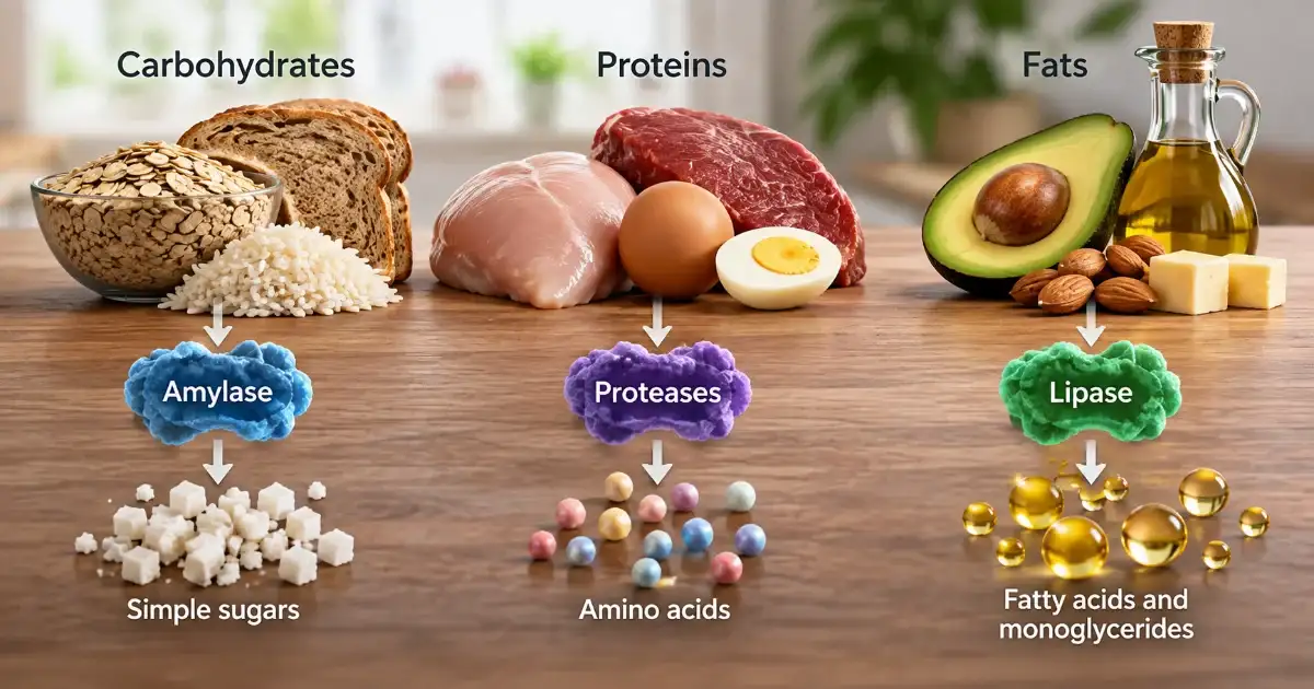 Digestive enzymes breaking down carbohydrates, proteins, and fats