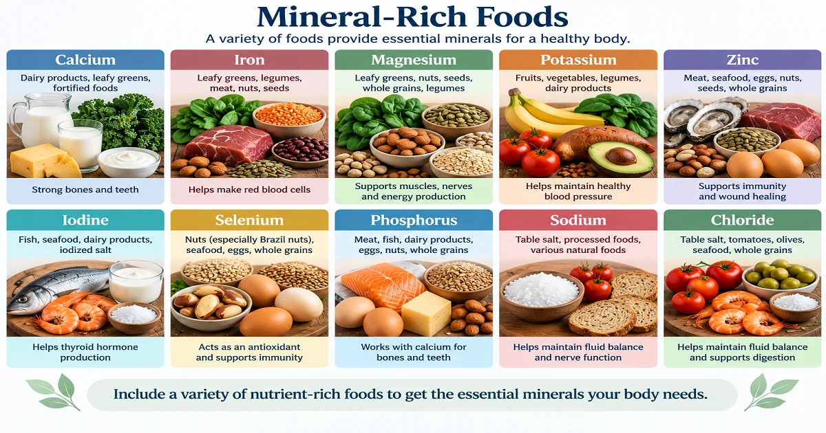 Mineral-rich foods including dairy, leafy greens, legumes, nuts, seeds, seafood, eggs, and grains