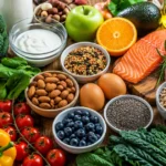 Foods rich in vitamins and minerals, including vegetables, fruits, nuts, eggs, dairy, grains, and fish