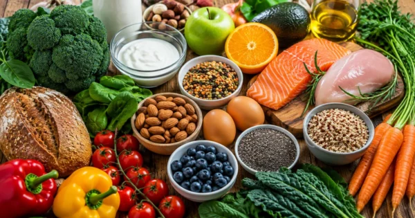 Foods rich in vitamins and minerals, including vegetables, fruits, nuts, eggs, dairy, grains, and fish