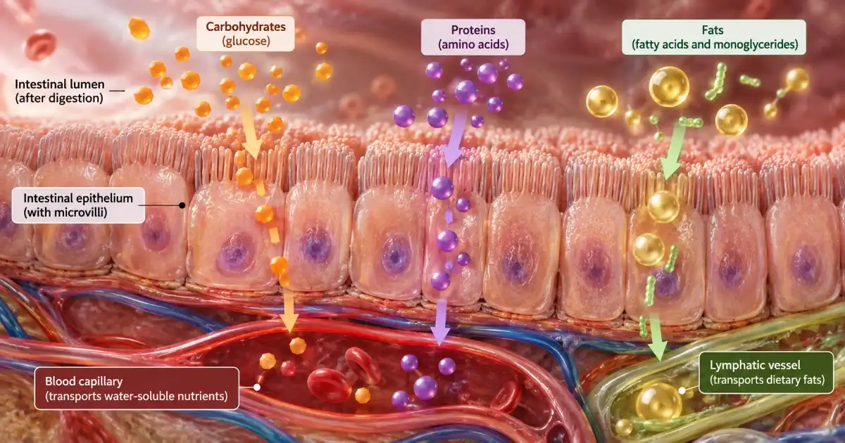 Nutrients crossing intestinal cells into blood capillaries and lymphatic vessels