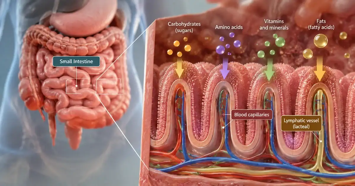 Nutrient absorption through the lining of the small intestine