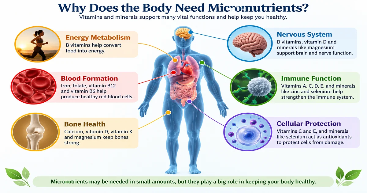 Micronutrients support energy, blood formation, bones, nerves, immunity, and cell protection