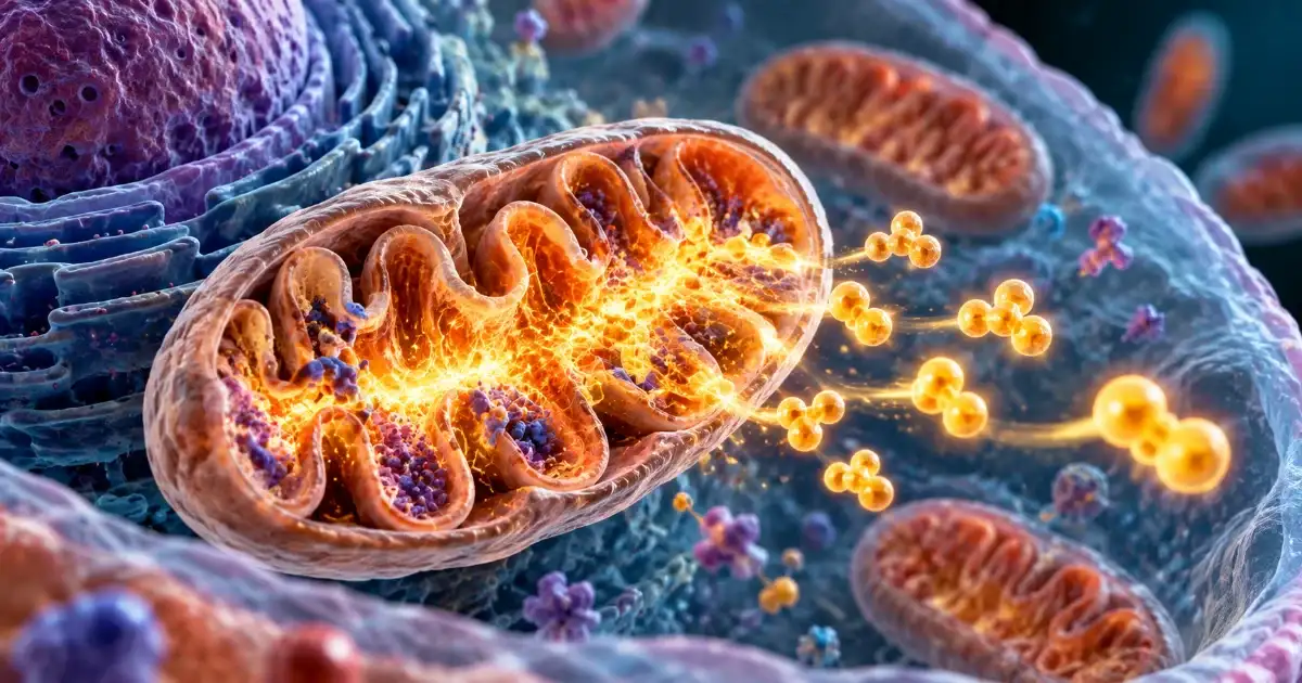 Mitochondria producing usable energy inside a cell during cellular metabolism.